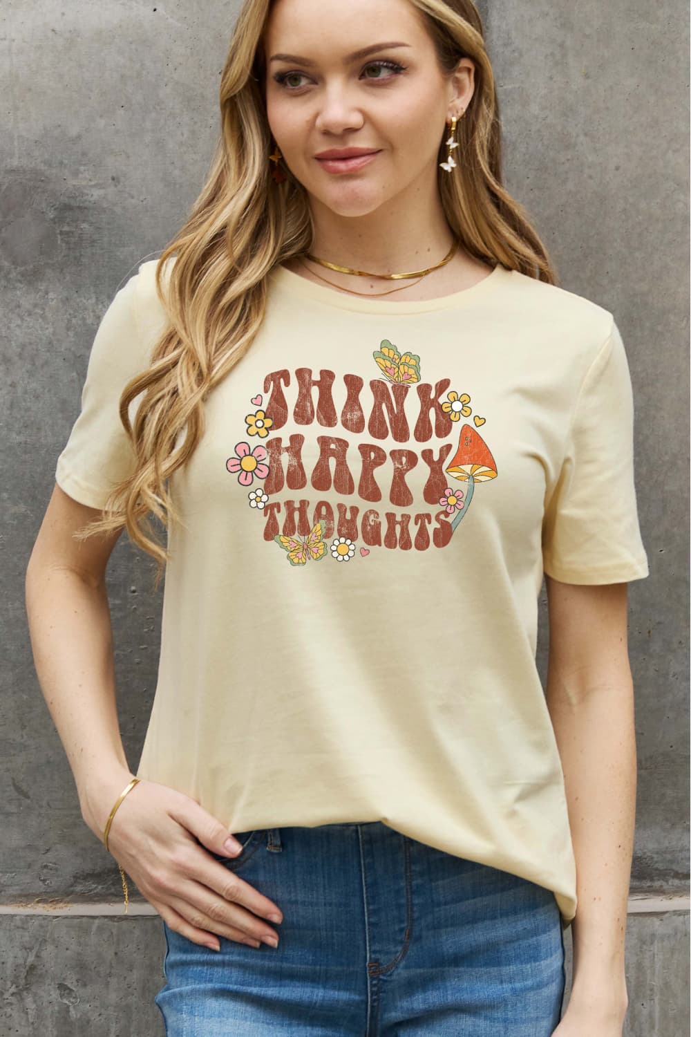 Simply Love Full Size THINK HAPPY THOUGHTS Graphic Cotton Tee  - Doll Fits