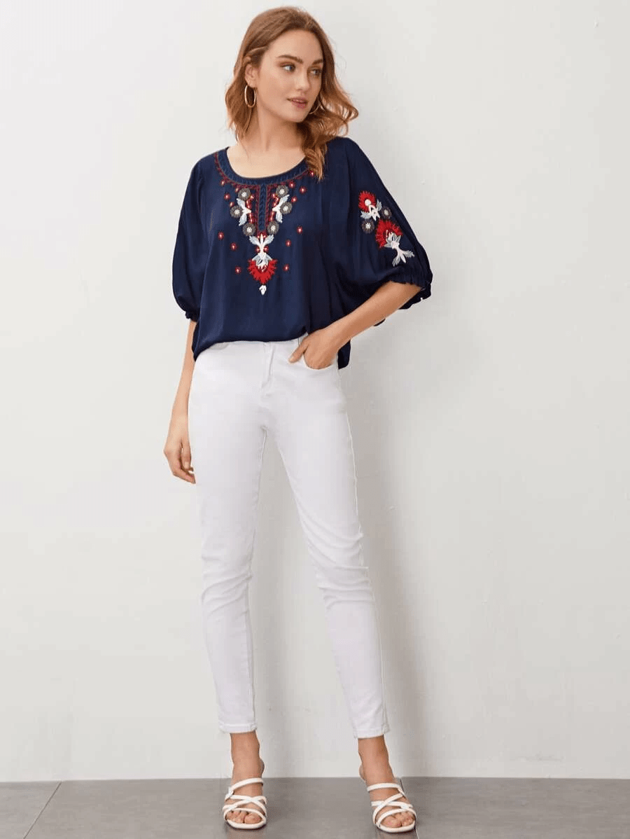 Embroidered Round Neck Flounce Sleeve Blouse  Shirts & Tops- Doll Fits