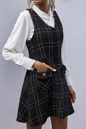 Printed V-Neck Sleeveless Dress with Pocket  Dresses- Doll Fits