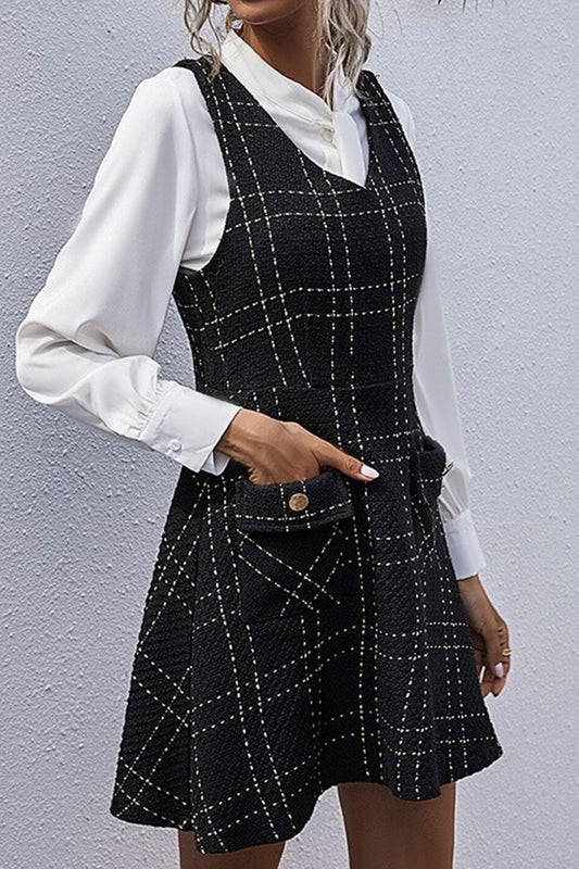 Printed V-Neck Sleeveless Dress with Pocket  Dresses- Doll Fits