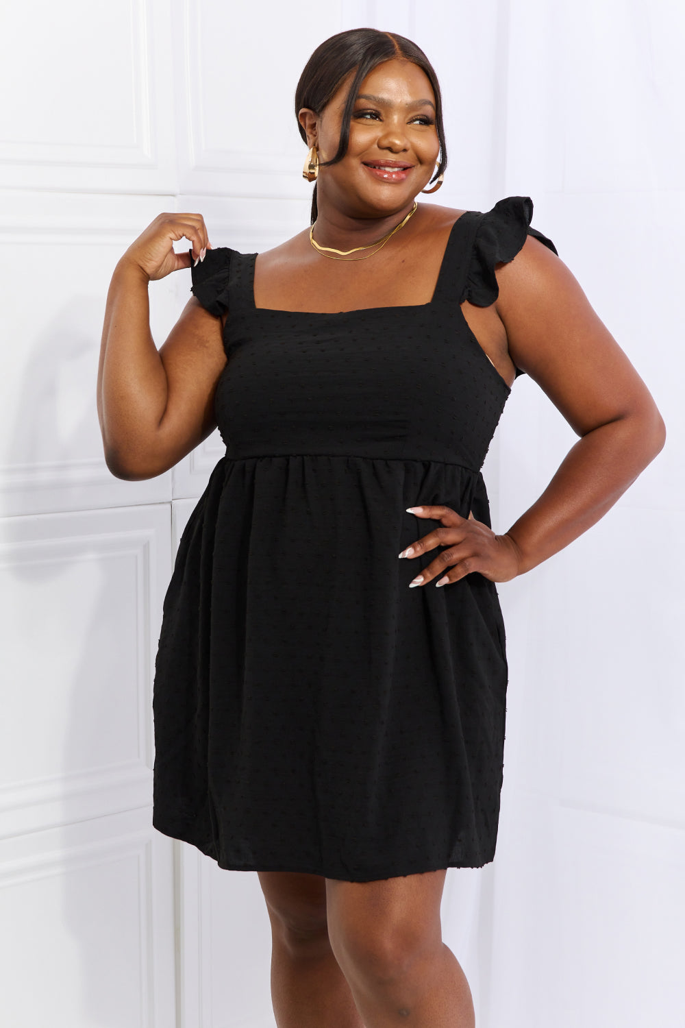 Culture Code Sunny Days Full Size Empire Line Ruffle Sleeve Dress in Black  Dresses- Doll Fits