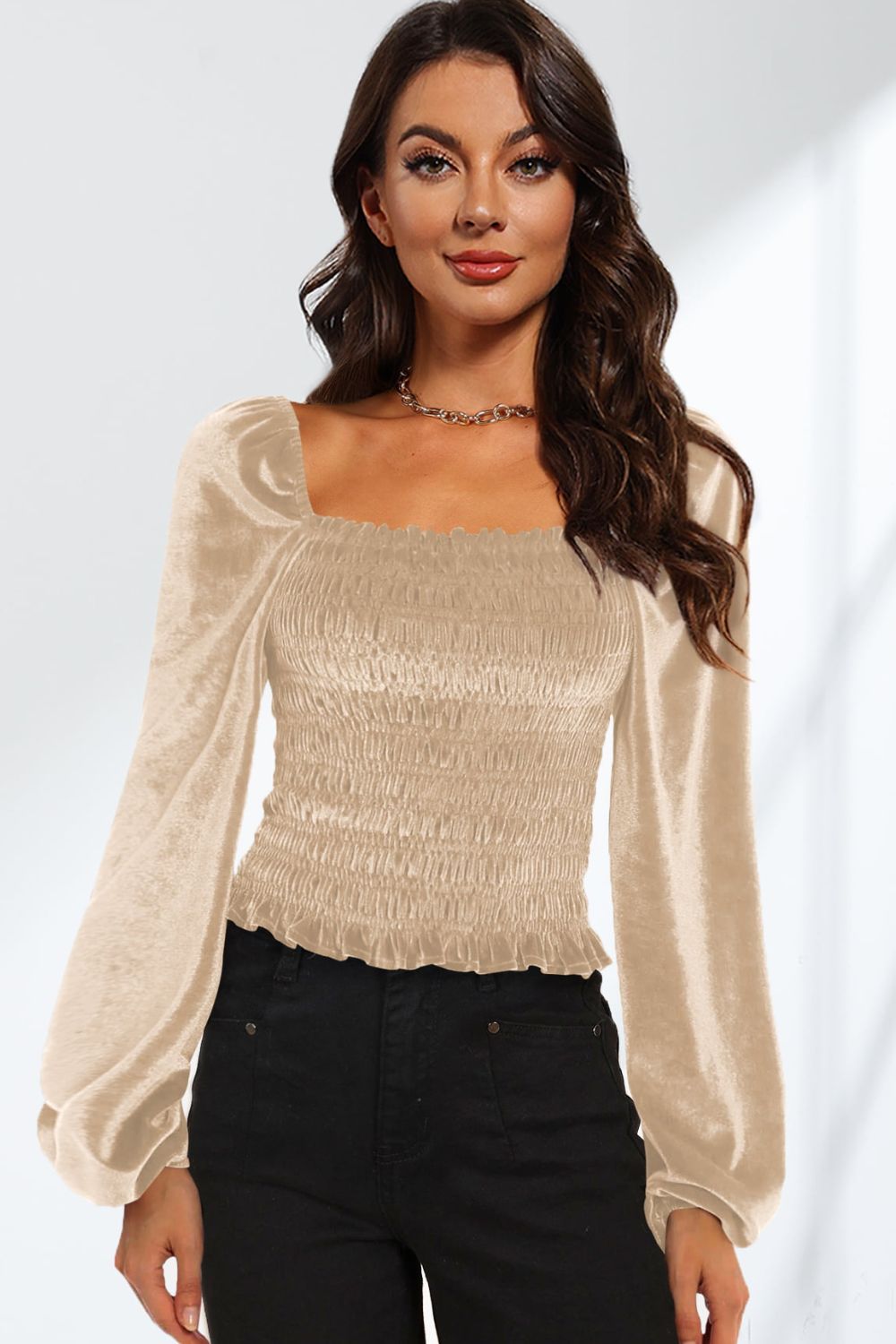 Double Take Smocked Square Neck Long Sleeve Blouse  - Doll Fits