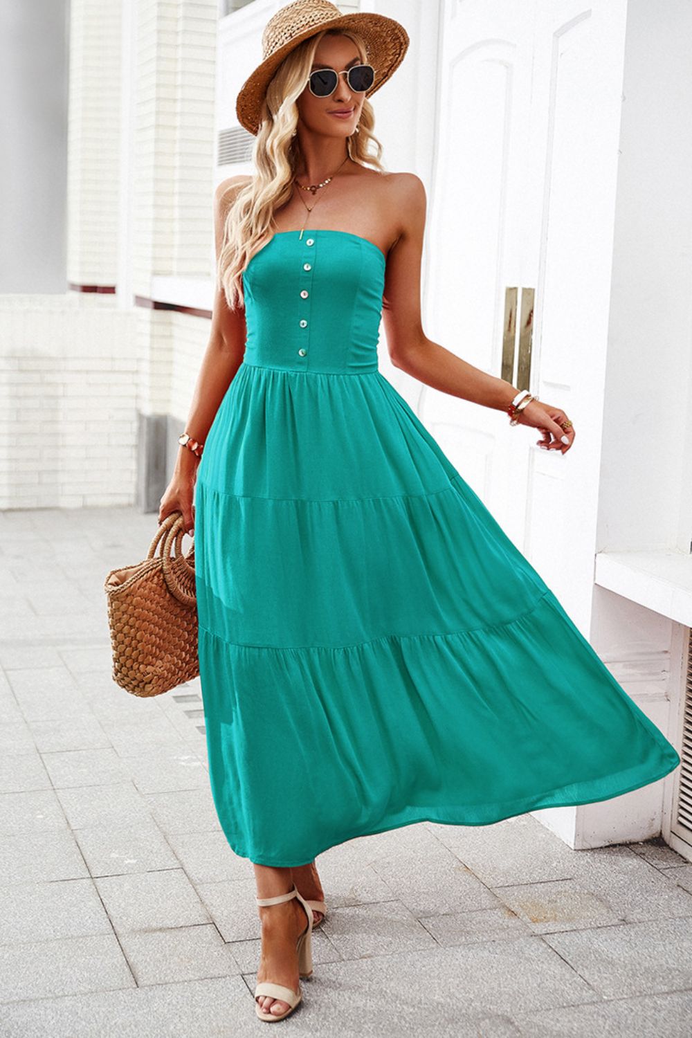 Strapless Buttoned Tiered Dress with Pockets  Dresses- Doll Fits