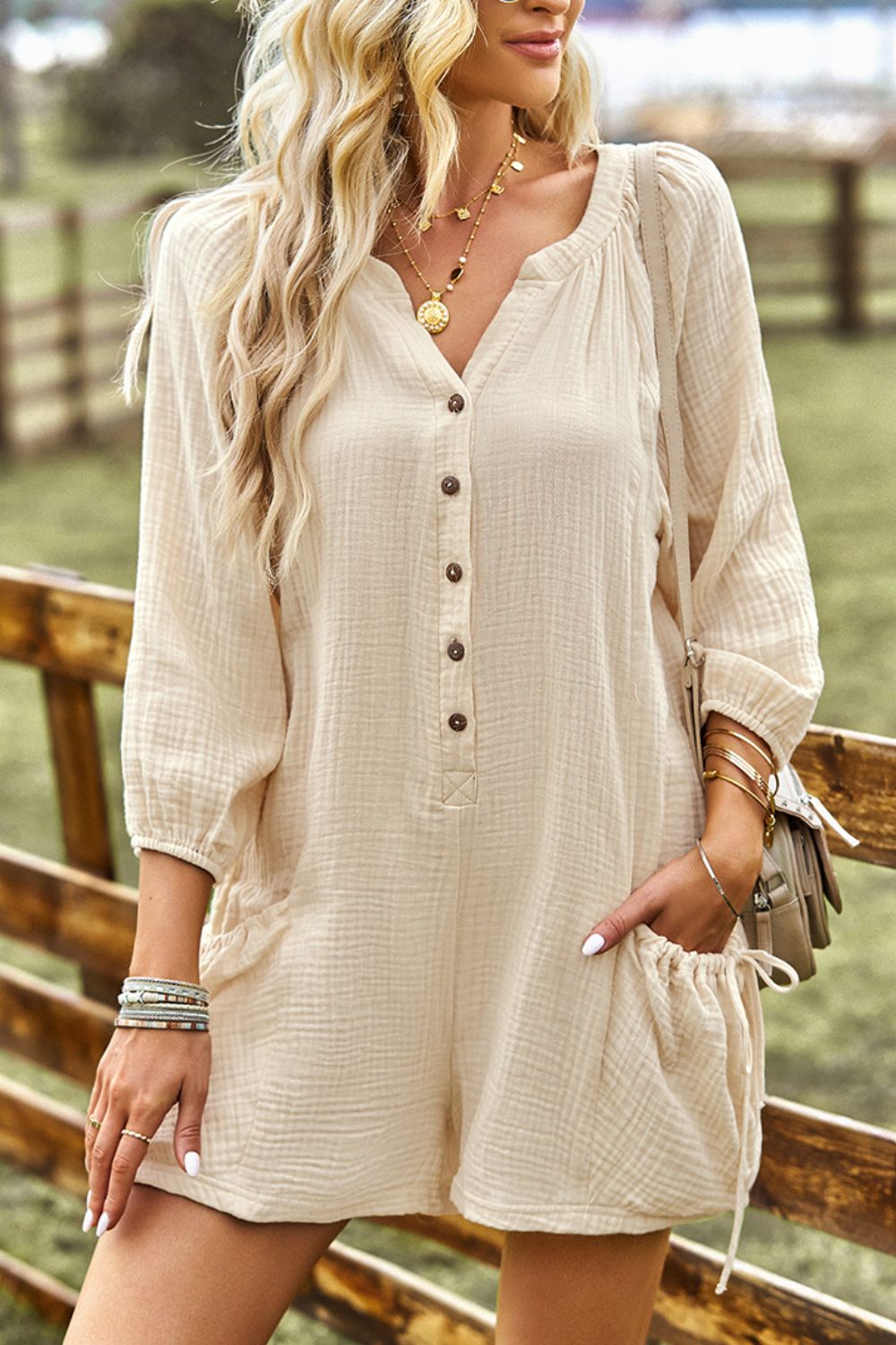 Textured Notched Neck Romper with Pockets  Jumpsuits & Rompers- Doll Fits