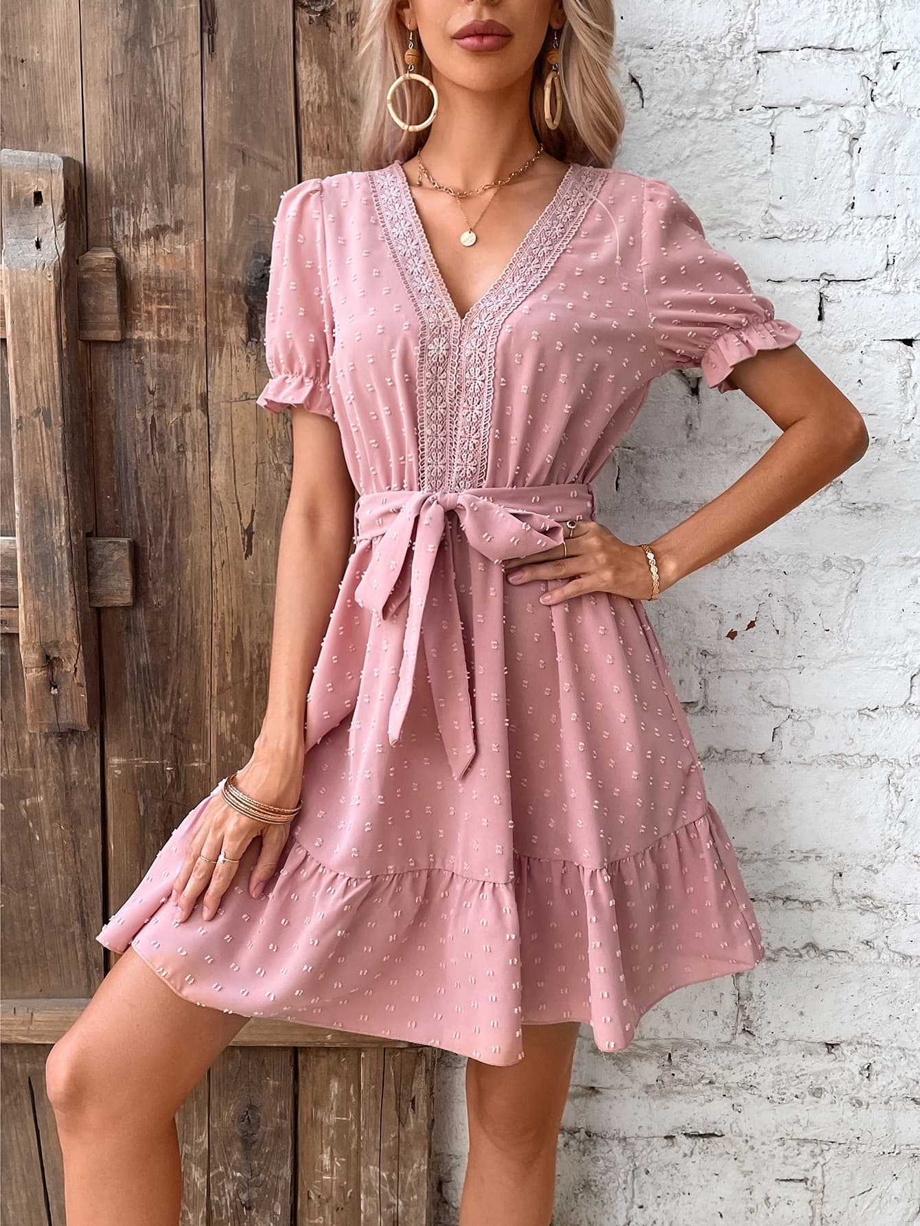 Swiss Dot V-Neck Flounce Sleeve Dress  Dresses- Doll Fits
