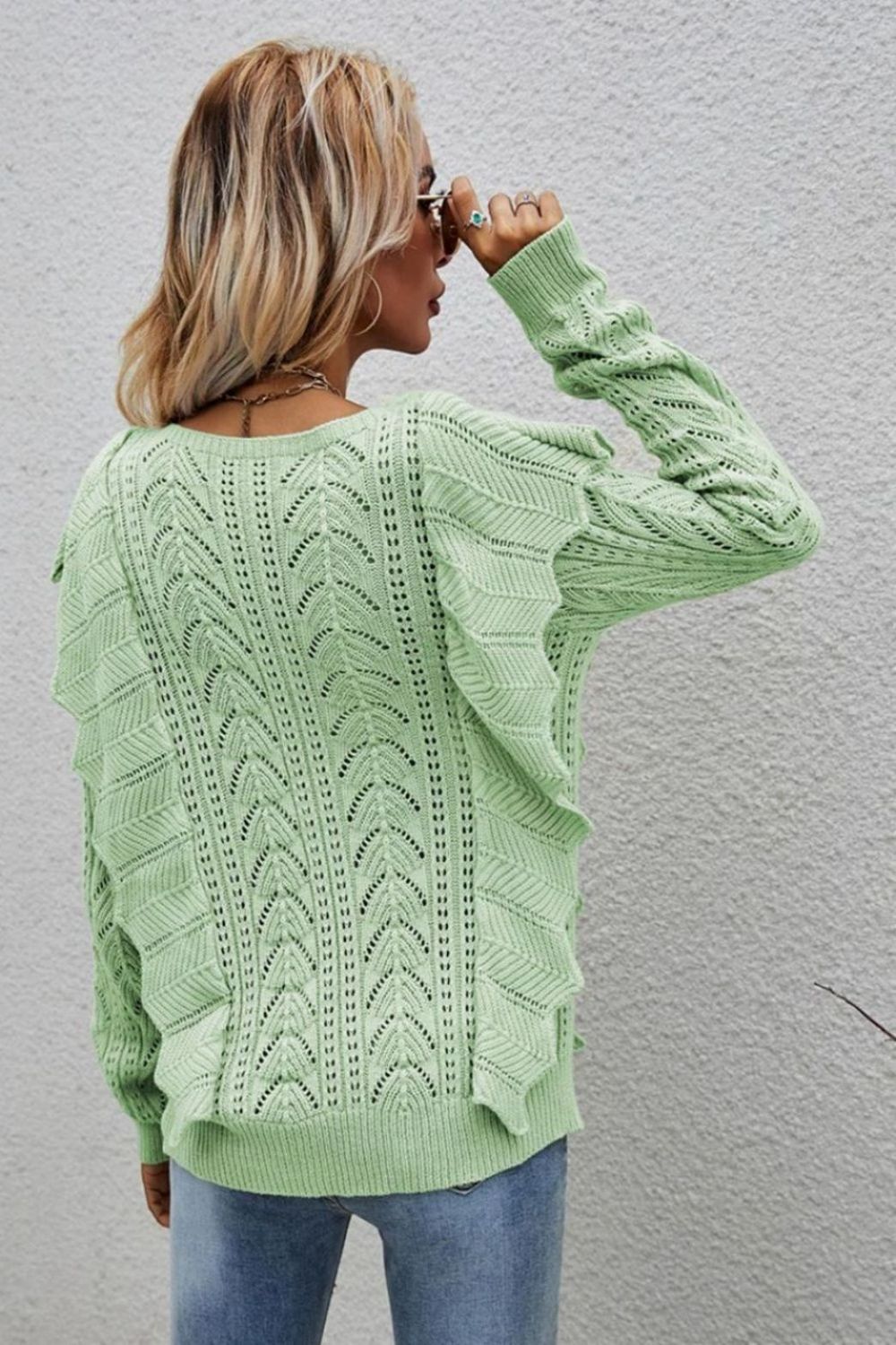 Openwork Round Neck Ruffled Sweater  Shirts & Tops- Doll Fits