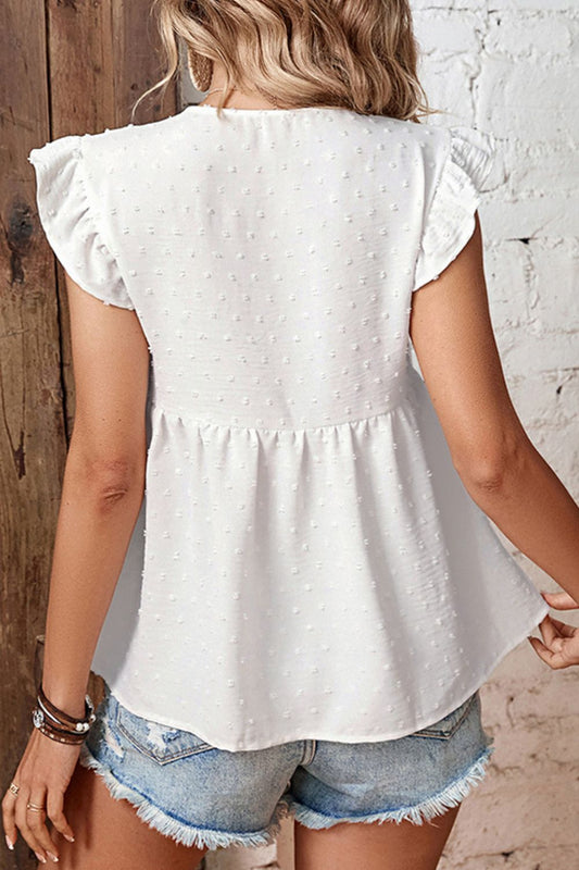 Swiss Dot Tie-Neck Flutter Sleeve Peplum Blouse  Shirts & Tops- Doll Fits