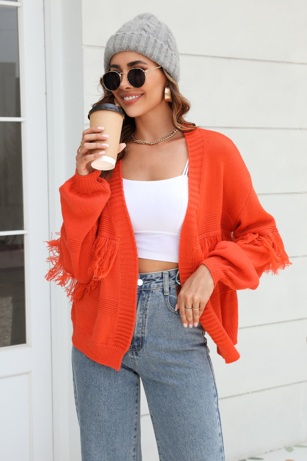 Double Take Fringe Trim Open Front Cardigan  - Doll Fits