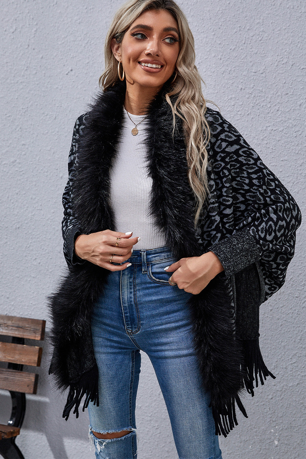Leopard Fringe Detail Poncho  - Doll Fits