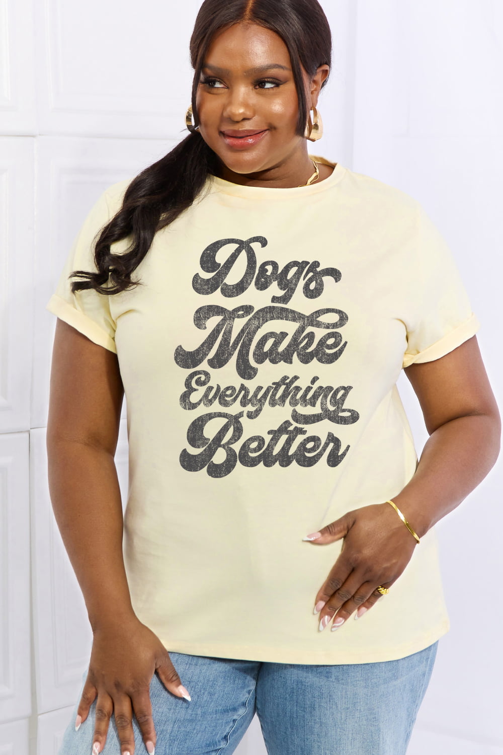 Simply Love Full Size DOGS MAKE EVERTHING BETTER Graphic Cotton Tee  - Doll Fits