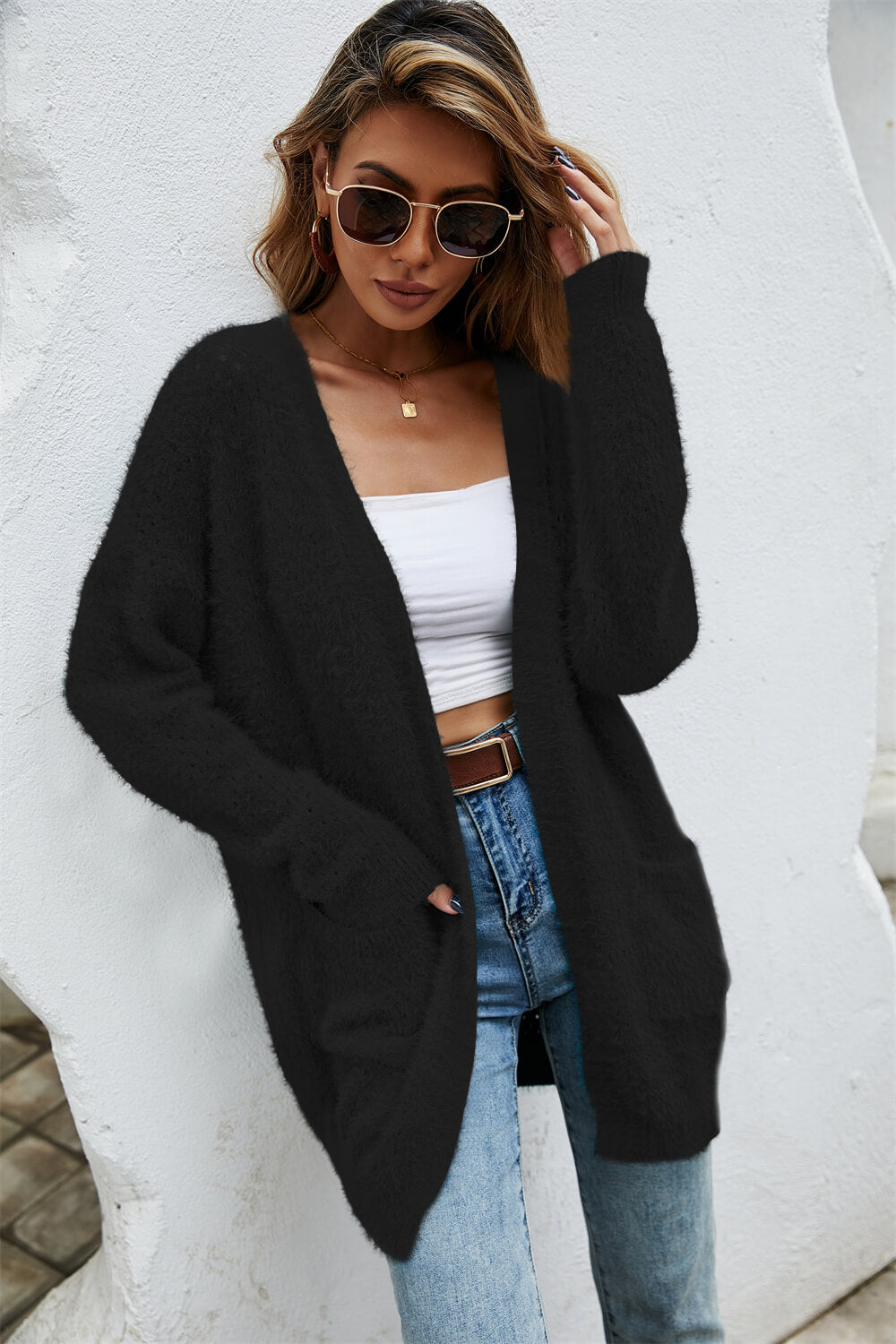 Open Front Openwork Fuzzy Cardigan with Pockets  Coats & Jackets- Doll Fits