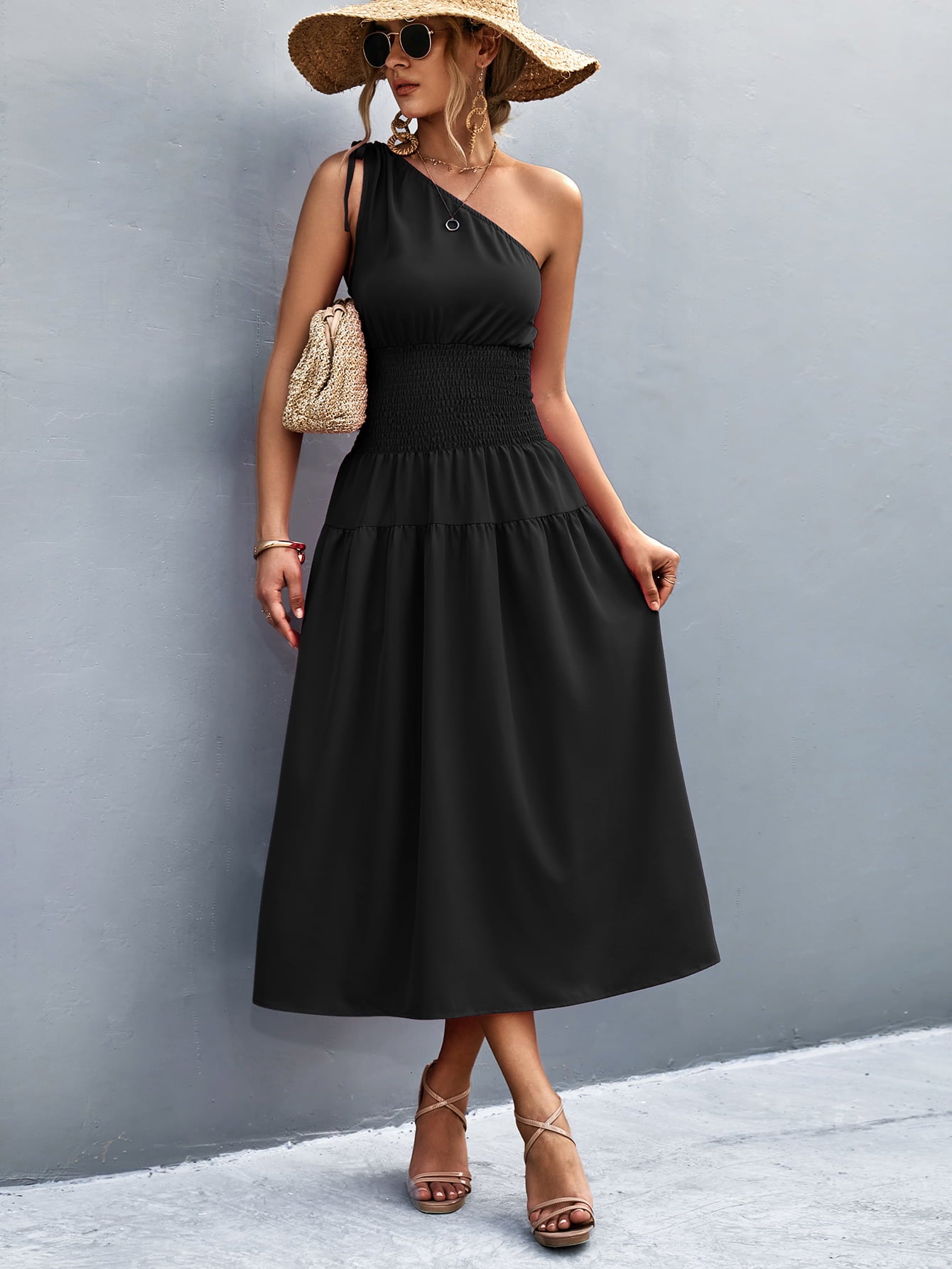 Asymmetrical One Shoulder Smocked Waist Midi Dress  Dresses- Doll Fits