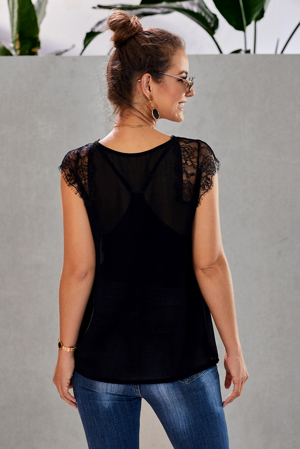 Eyelash Trim Spliced Lace V-Neck Tank  Shirts & Tops- Doll Fits