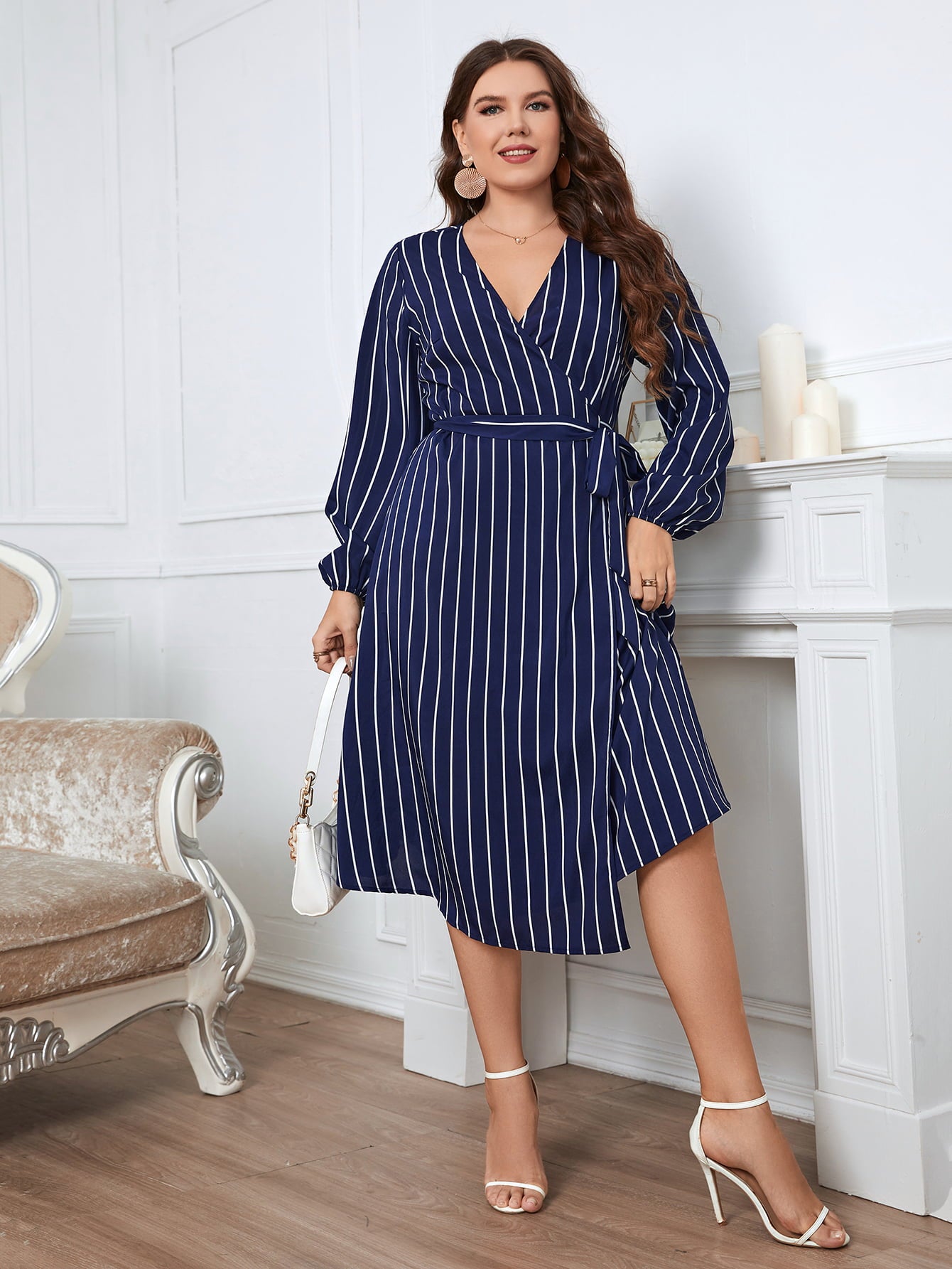Melo Apparel Plus Size Striped Surplice Neck Long Sleeve Dress  Dresses- Doll Fits