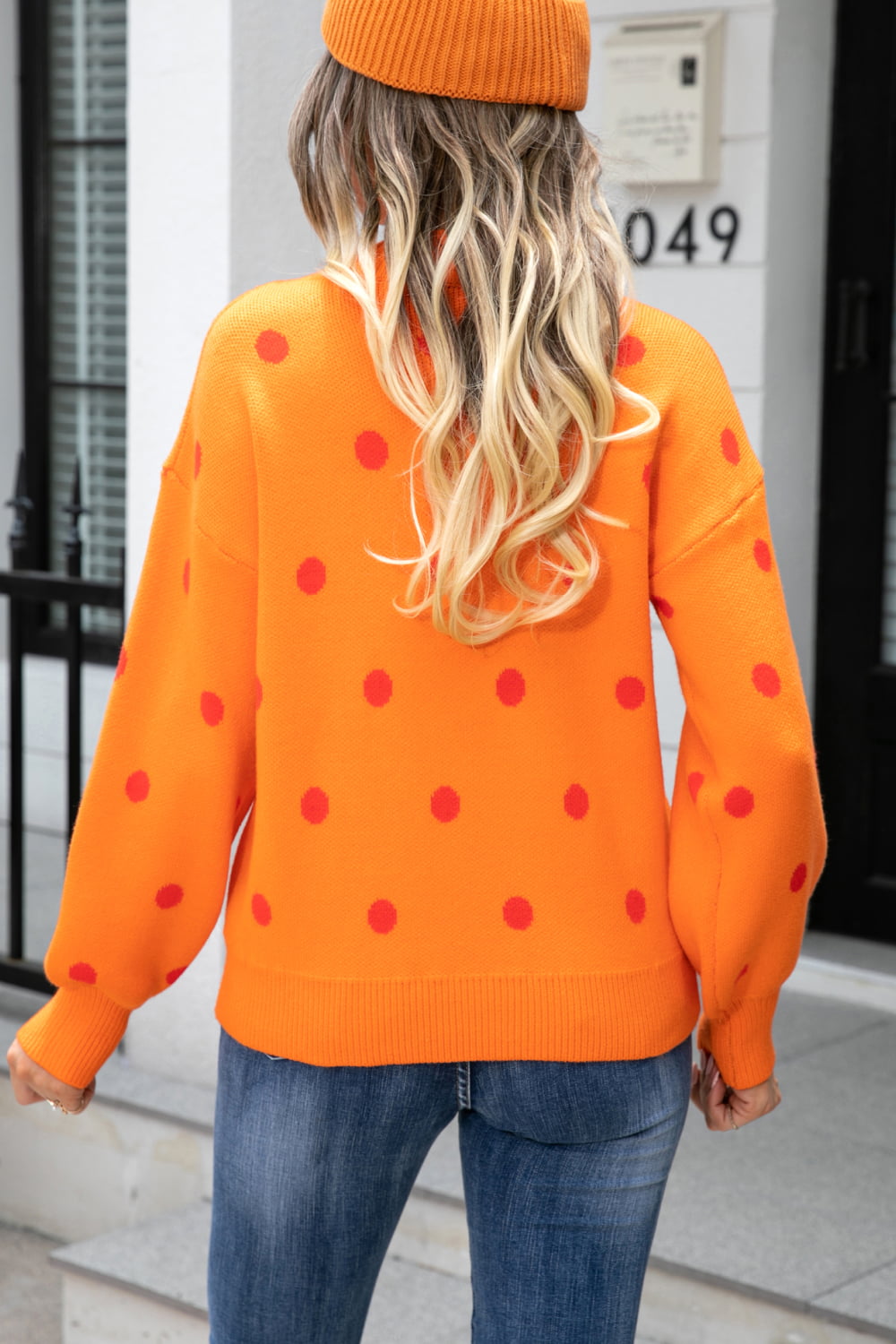 Woven Right Polka Dot Round Neck Dropped Shoulder Sweater  - Doll Fits