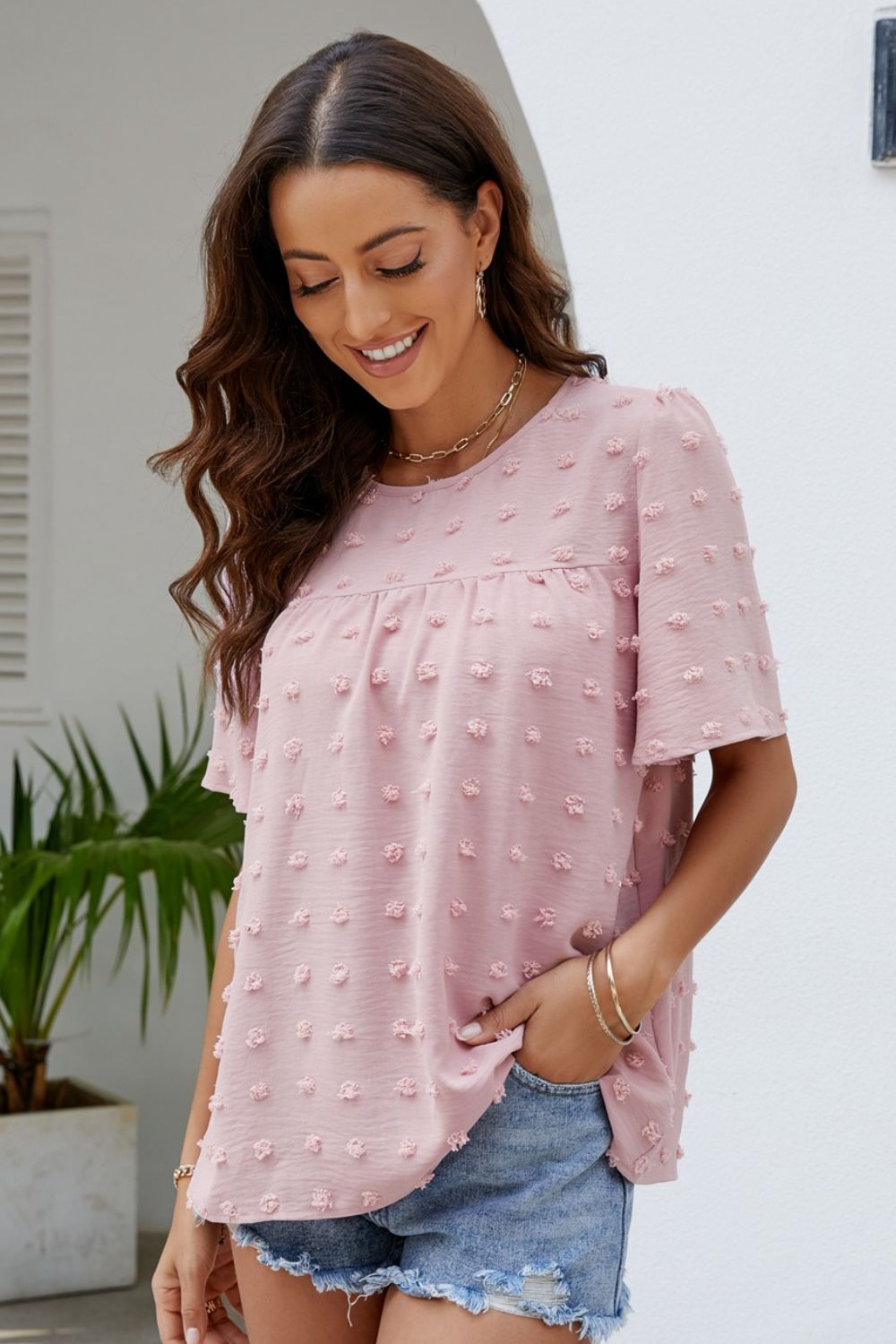 Swiss Dot Puff Sleeve Round Neck Blouse  Shirts & Tops- Doll Fits