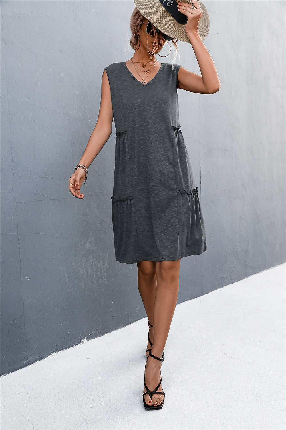 V-Neck Frill Trim Sleeveless Dress  Dresses- Doll Fits