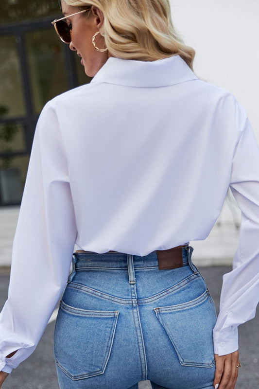 Cropped Lapel Collar Tie Waist Long Sleeve Blouse  Shirts & Tops- Doll Fits