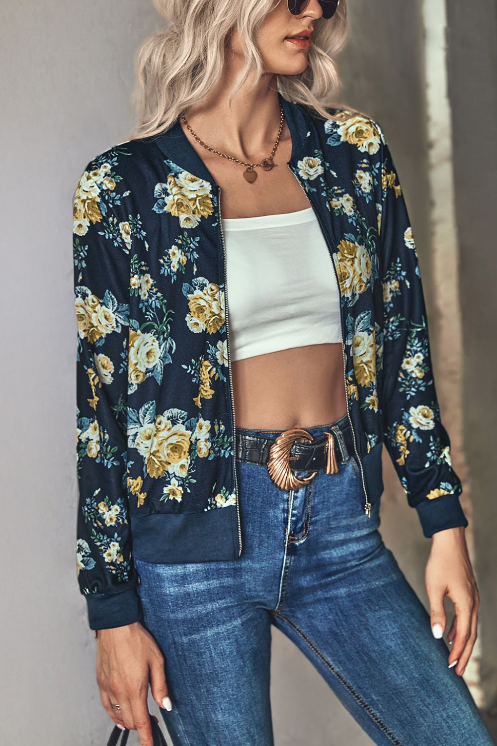 Floral Zip Up Ribbed Trim Bomber Jacket  Coats & Jackets- Doll Fits