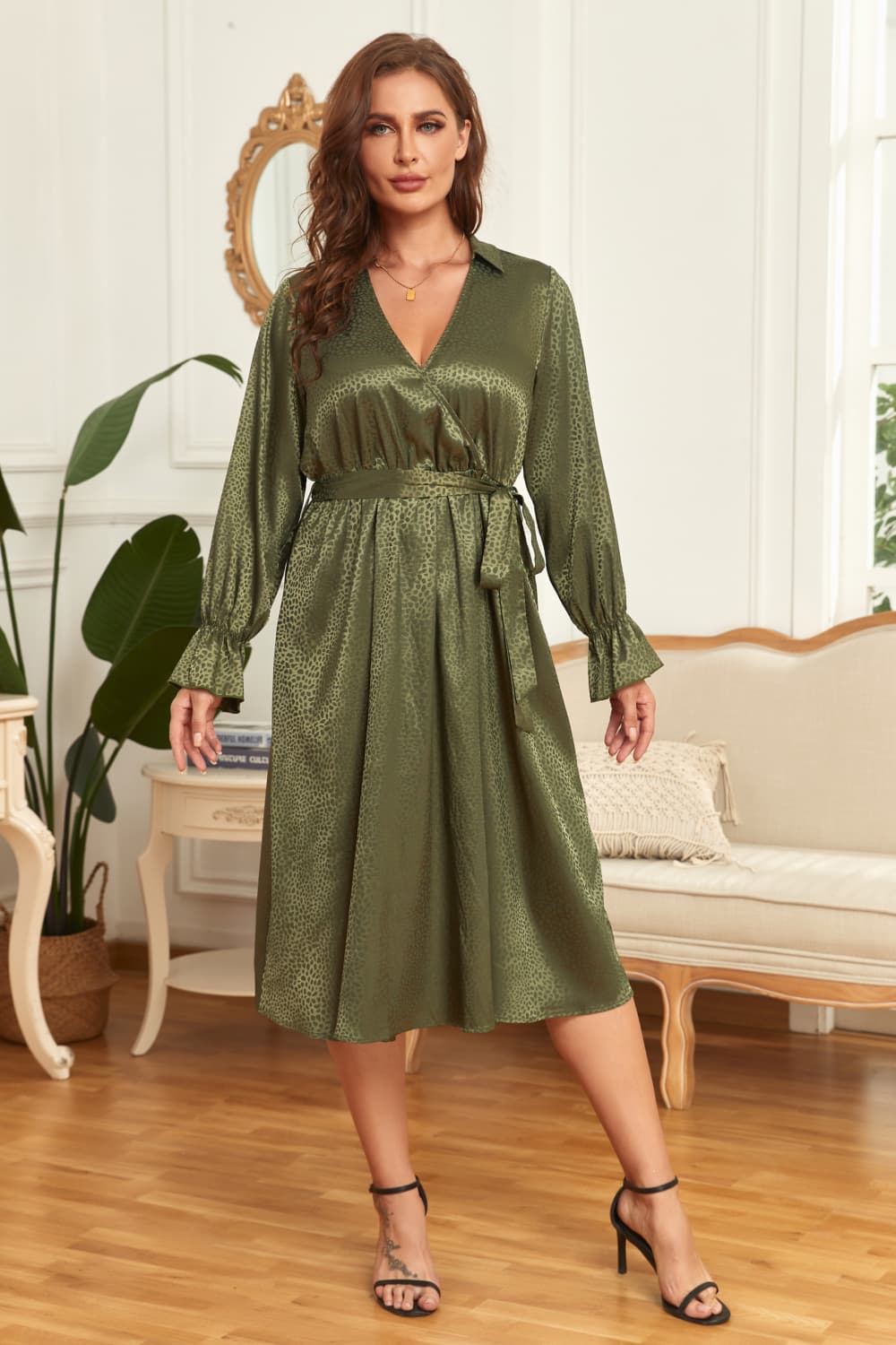 Melo Apparel Plus Size Surplice Neck Tie Belt Flounce Sleeve Midi Dress  Dresses- Doll Fits