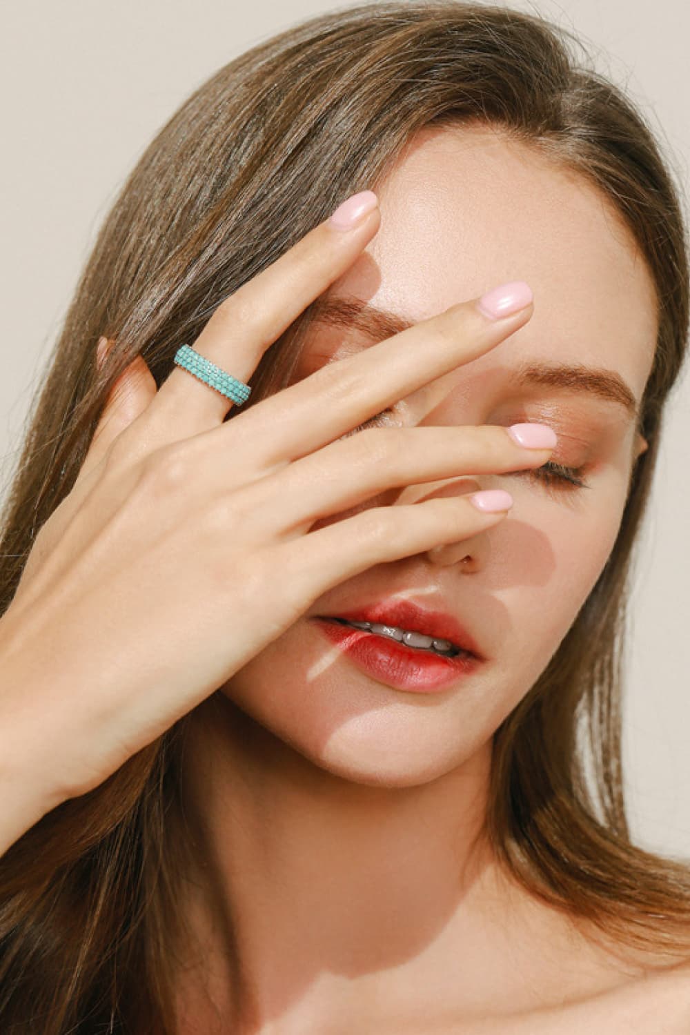 925 Sterling Silver Triple Row Artificial Turquoise Ring  - Doll Fits