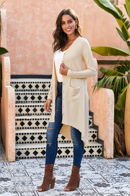 V-Neck Long Sleeve Cardigan with Pocket  - Doll Fits