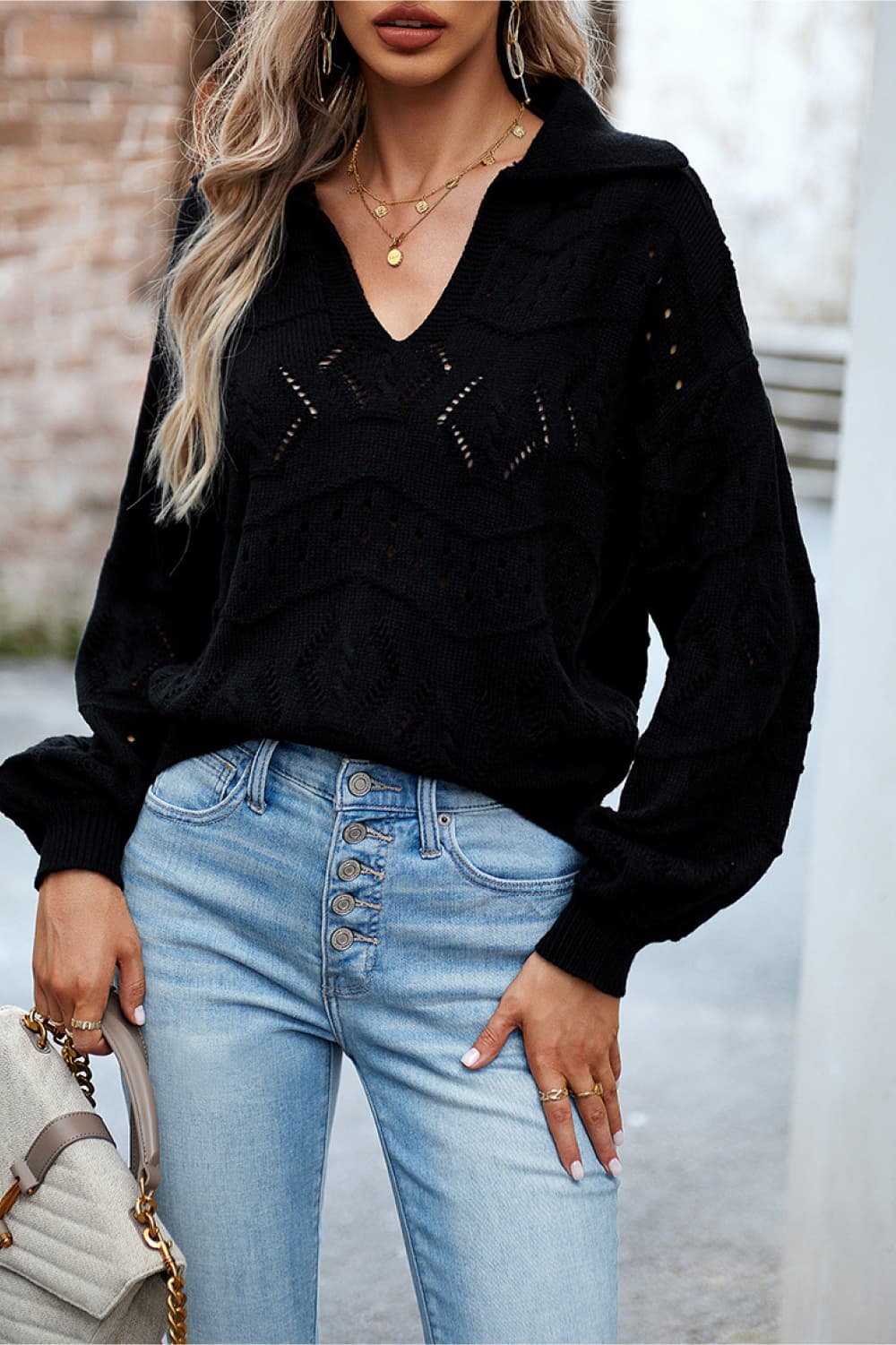 Openwork Long Sleeve Notched Neck Sweater  - Doll Fits