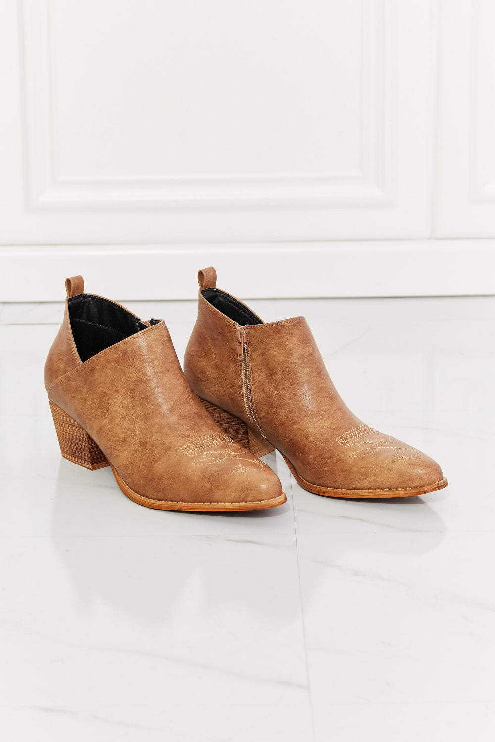 MMShoes Trust Yourself Embroidered Crossover Cowboy Bootie in Caramel  Shoes- Doll Fits