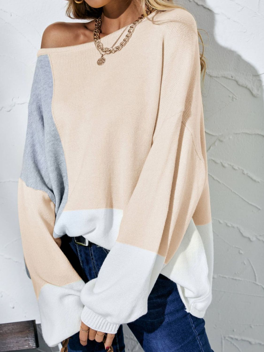 Color Block Balloon Sleeve Boat Neck Sweater  Shirts & Tops- Doll Fits