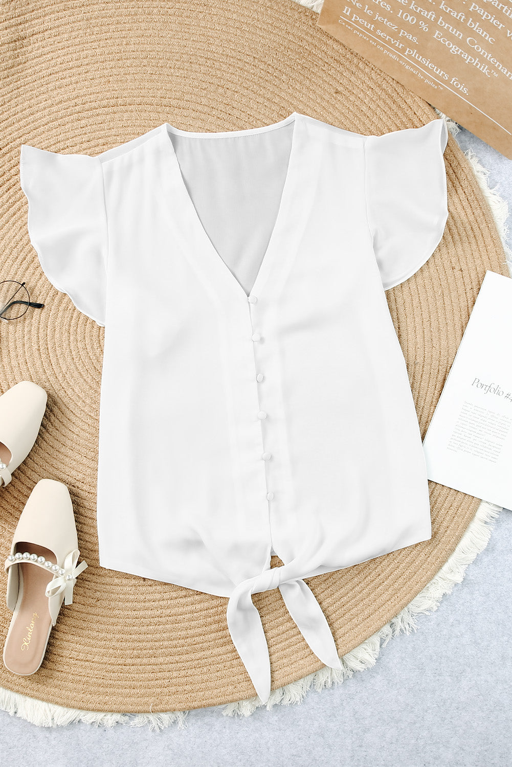 V-Neck Tie Hem Flutter Sleeve Blouse  Shirts & Tops- Doll Fits