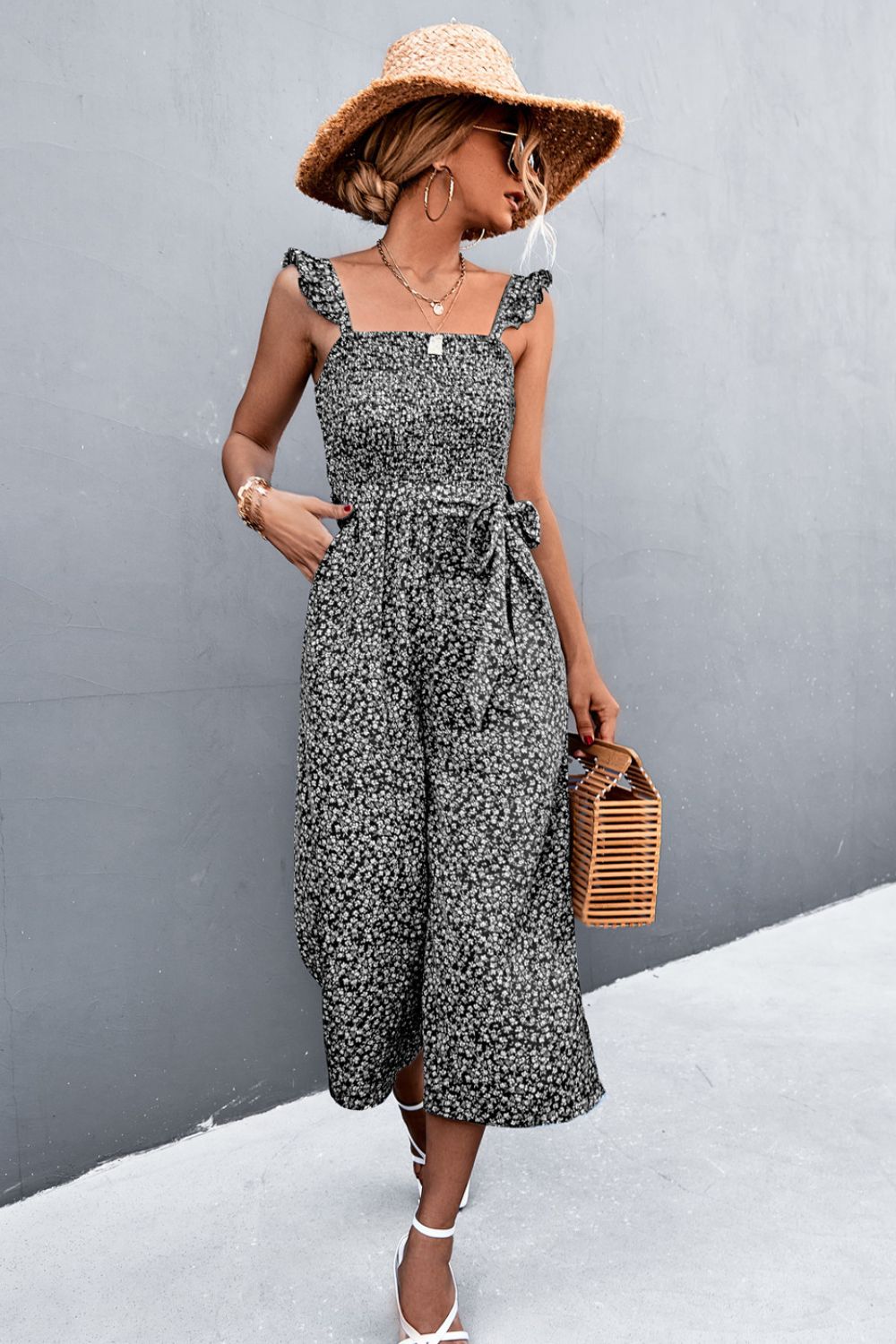 Printed Ruffle Strap Smocked Belted Jumpsuit  Jumpsuits & Rompers- Doll Fits