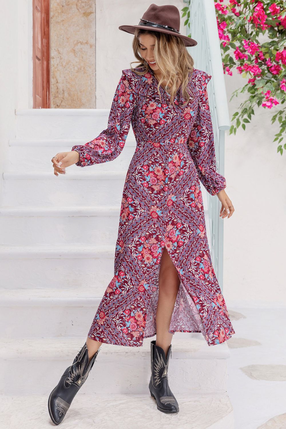 Printed Long Sleeve Slit Midi Dress  Dresses- Doll Fits