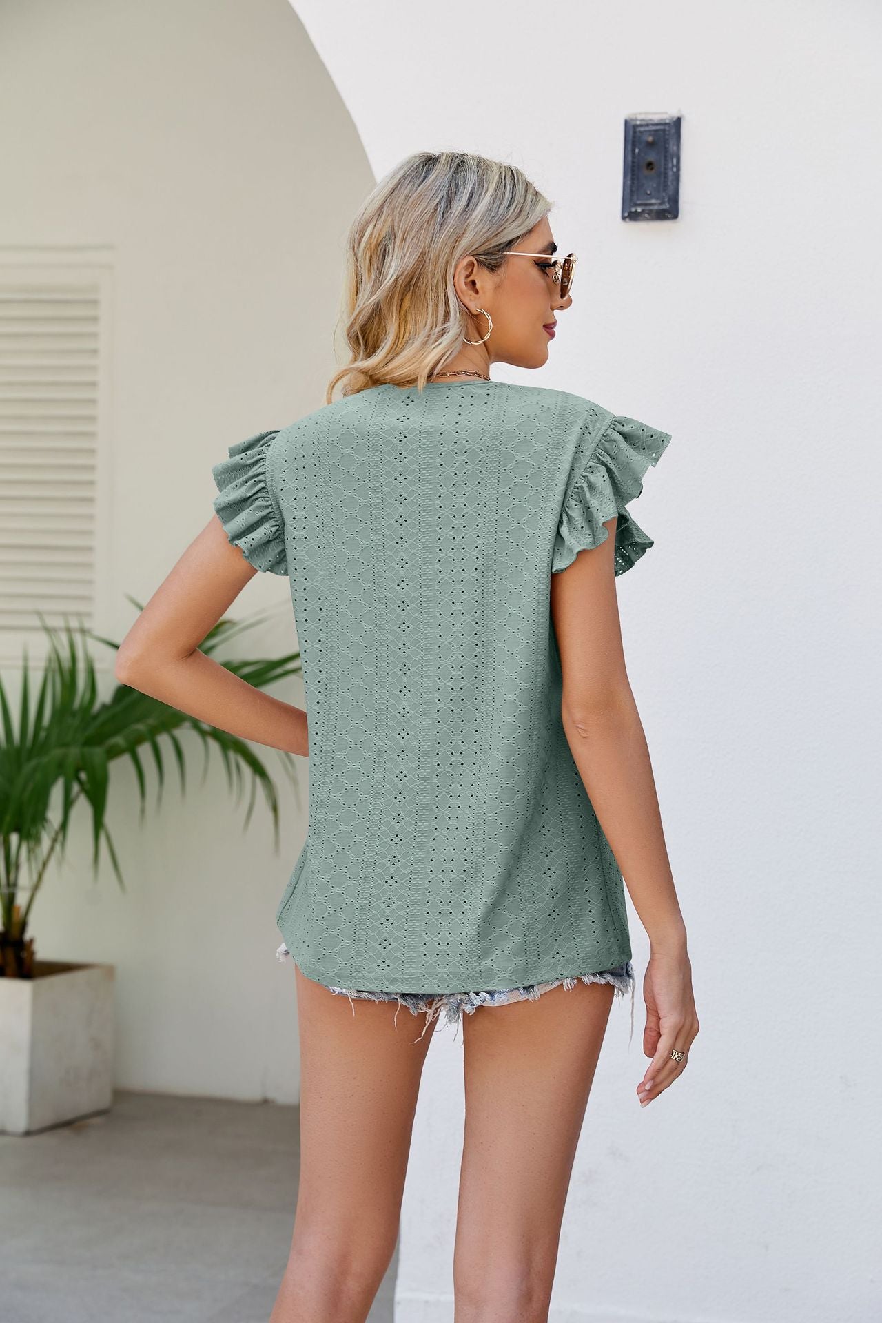 Smocked Round Neck Flutter Sleeve Top  Shirts & Tops- Doll Fits