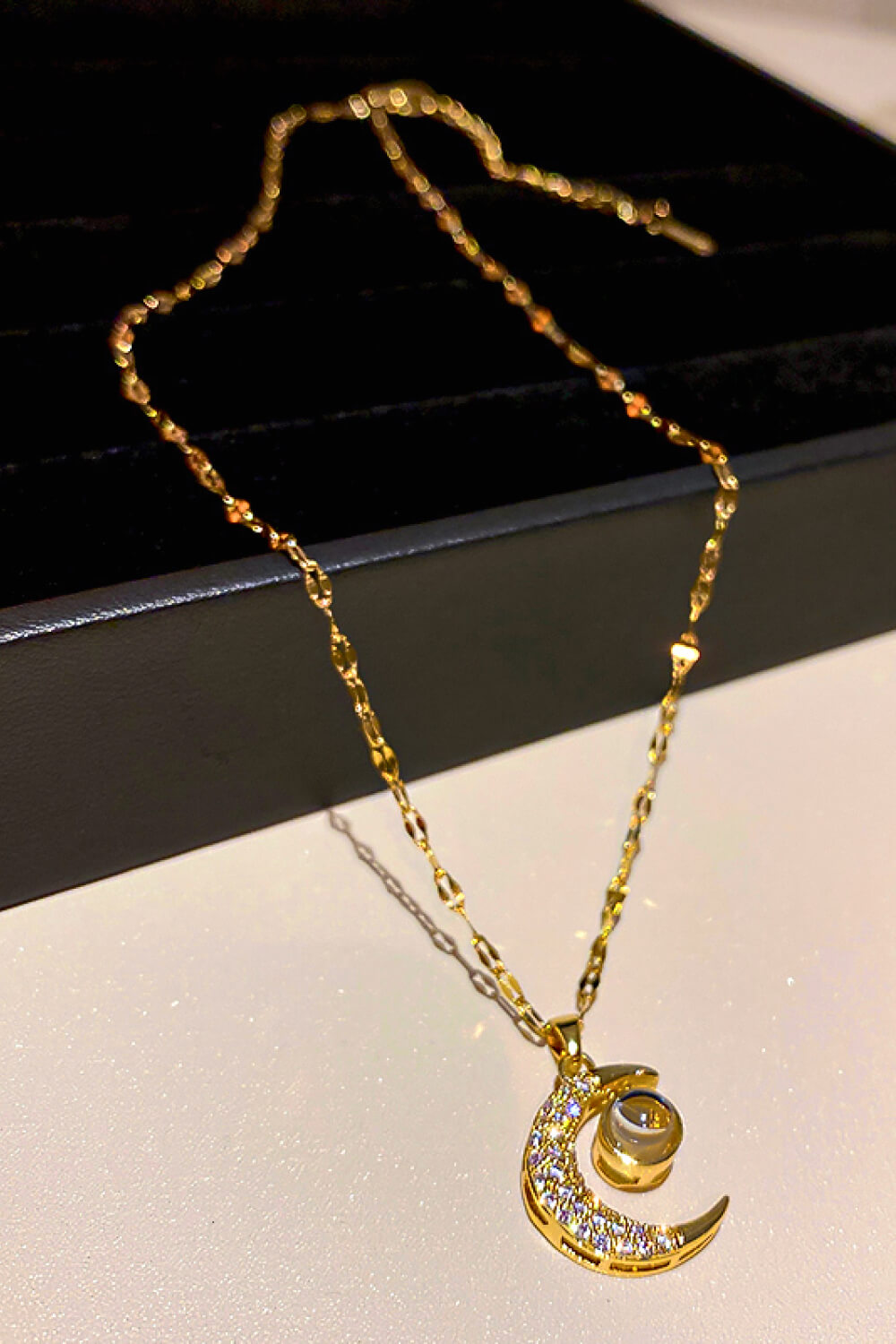 Inlaid Cubic Zirconia Moon Pendant Necklace  Necklaces- Doll Fits