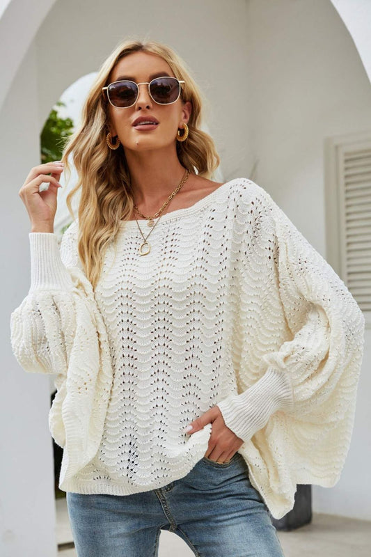 Openwork Boat Neck Dolman Sleeve Sweater  Shirts & Tops- Doll Fits