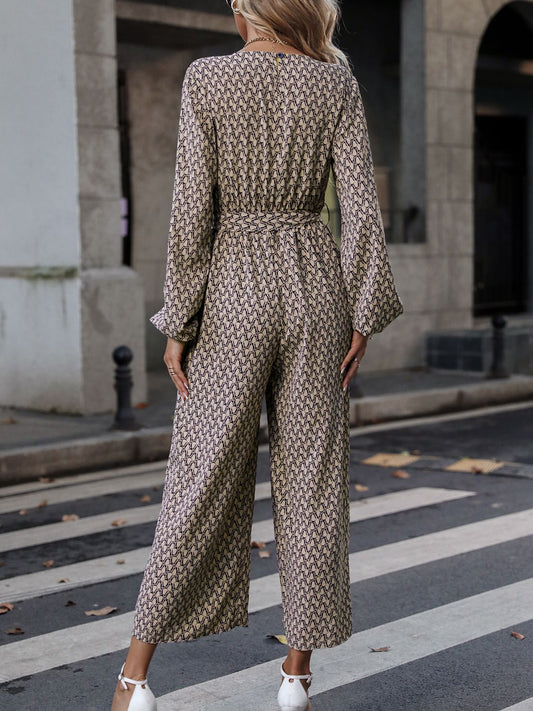 Printed Surplice Neck Tie Waist Wide Leg Jumpsuit  - Doll Fits