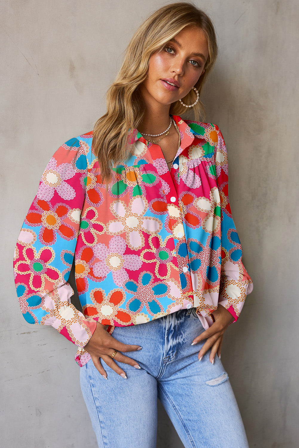 Floral Print Lantern Sleeve Collared Neck Shirt  - Doll Fits