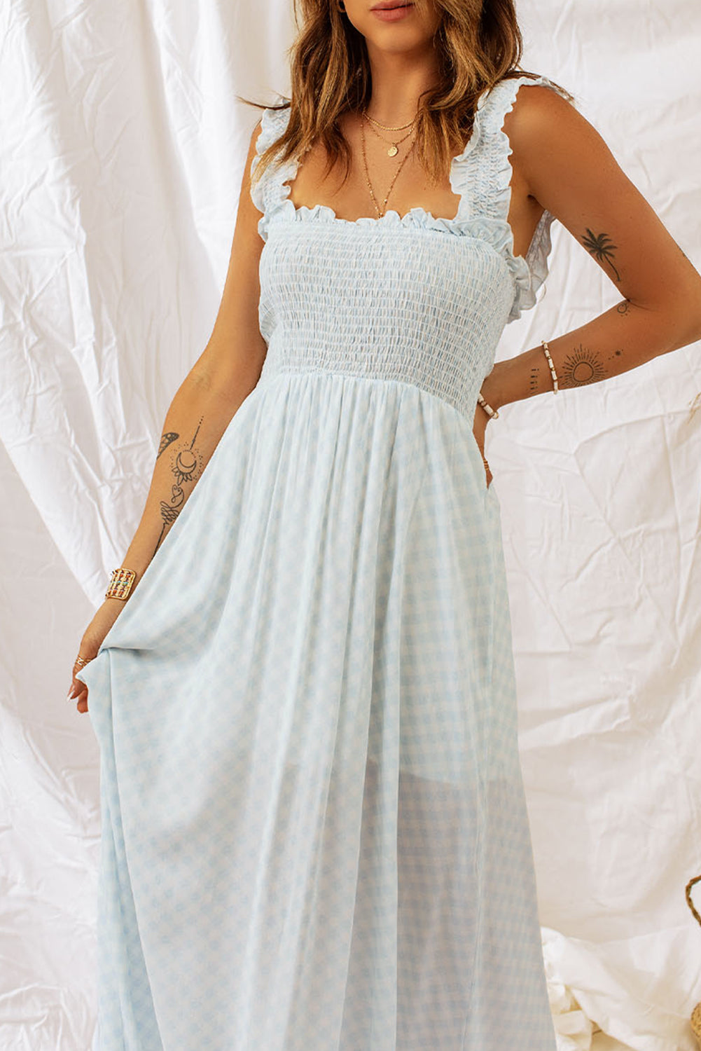 Plaid Ruffle Strap Smocked Maxi Dress  Dresses- Doll Fits