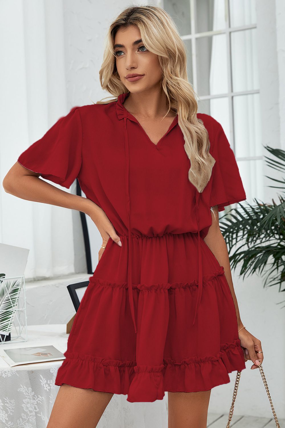 Tie Neck Frill Trim Short Sleeve Mini Dress  Dresses- Doll Fits