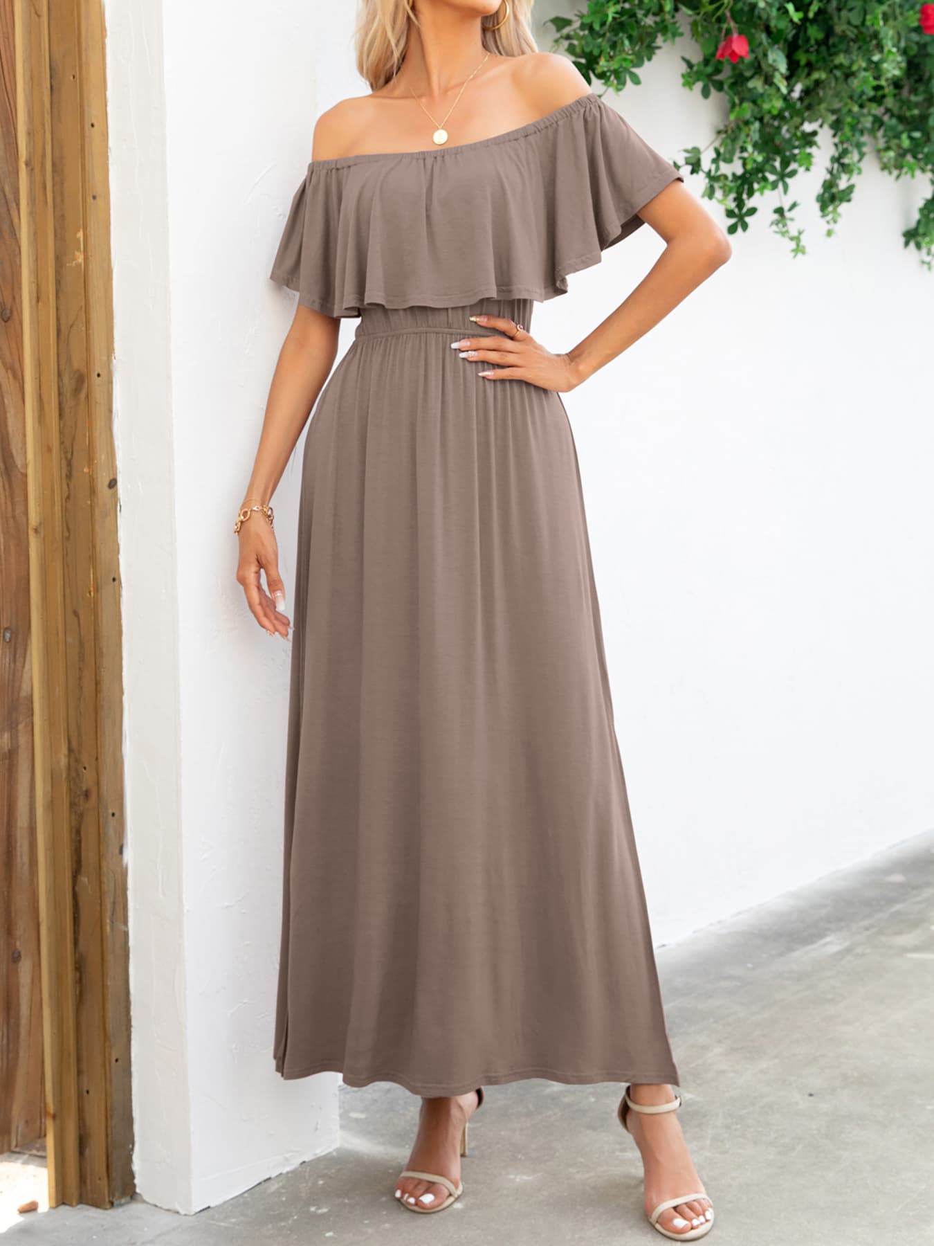 Off-Shoulder Slit Maxi Dress  Dresses- Doll Fits