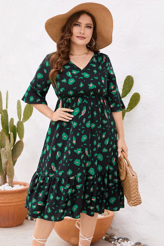 Plus Size Printed Flare Sleeve V-Neck Dress  Dresses- Doll Fits