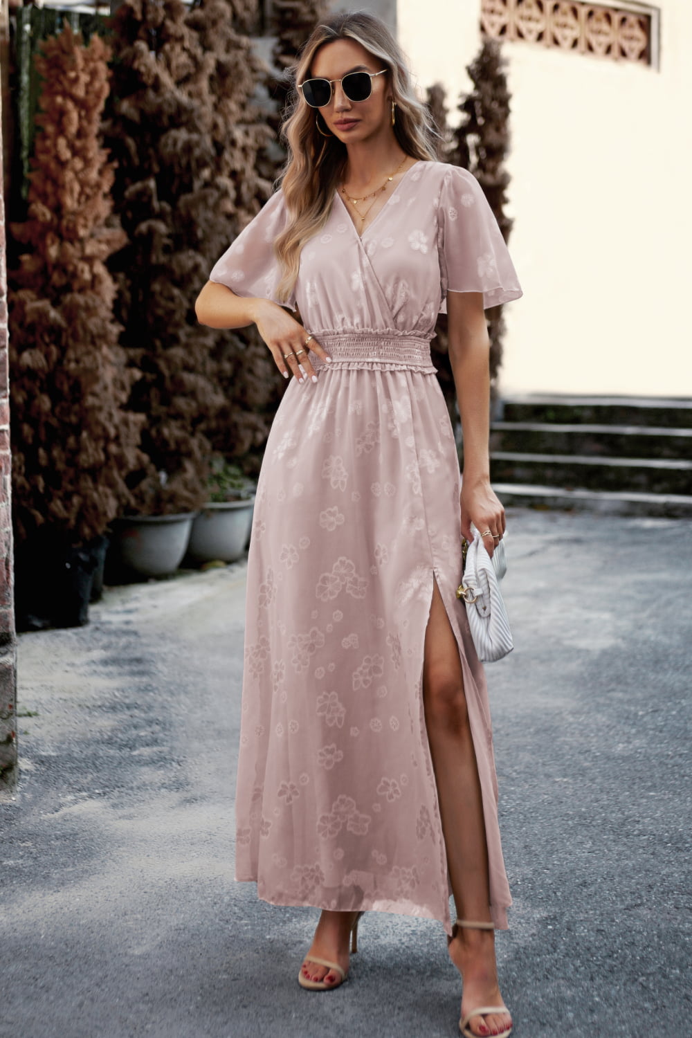 Floral Print V-Neck Smocked Waist High Slit Maxi Dress  Dresses- Doll Fits