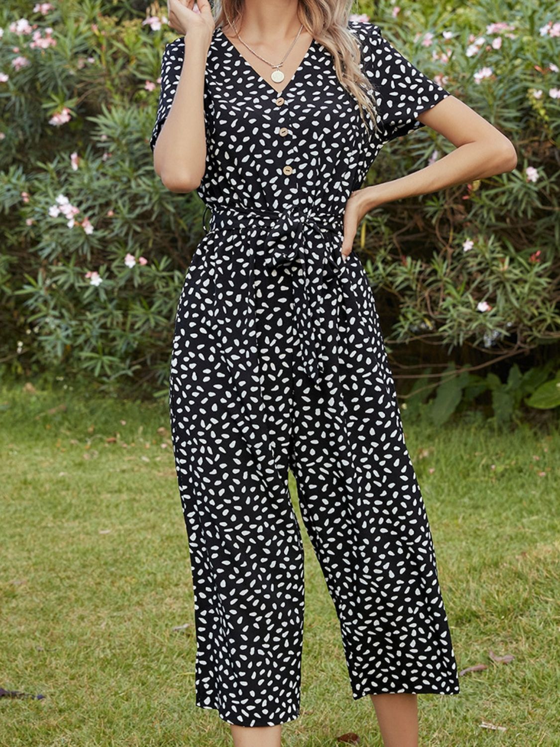 Printed V-Neck Short Sleeve Jumpsuit  - Doll Fits