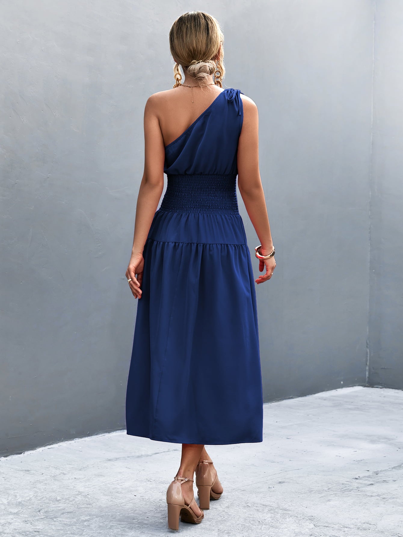 Asymmetrical One Shoulder Smocked Waist Midi Dress  Dresses- Doll Fits