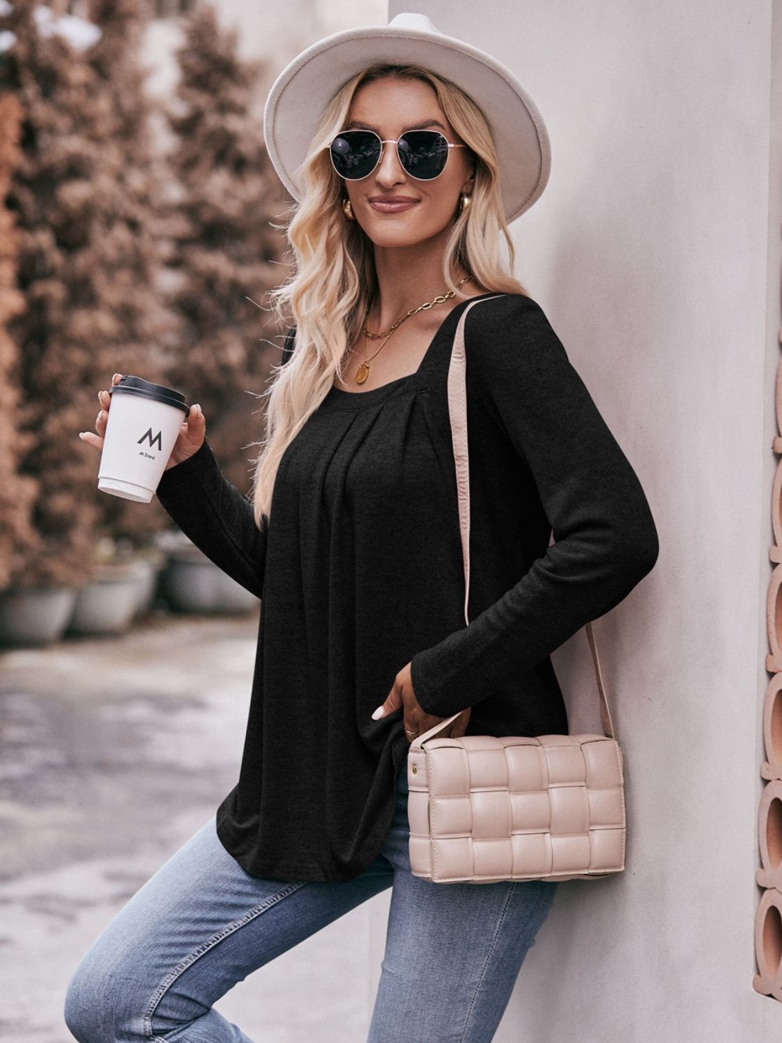 Pleated Detail Curved Hem Long Sleeve Top  Shirts & Tops- Doll Fits