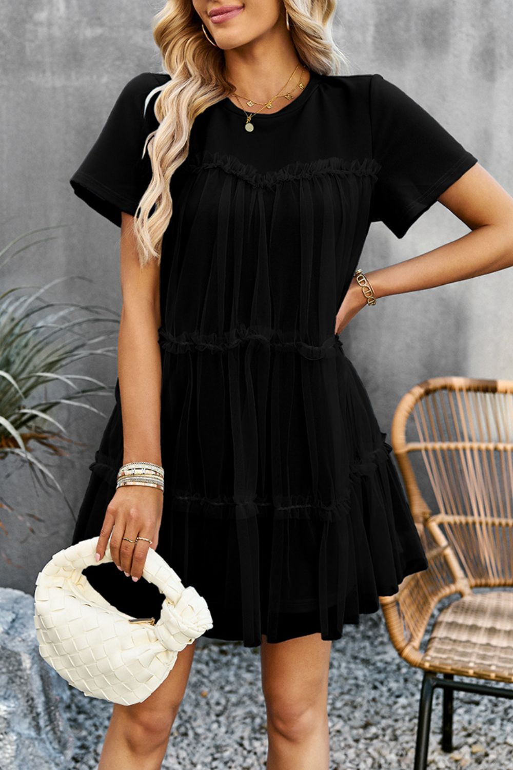 Frill Trim Spliced Mesh Mini Dress  Dresses- Doll Fits