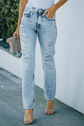 Acid Wash Distressed Jeans with Pockets  Pants- Doll Fits