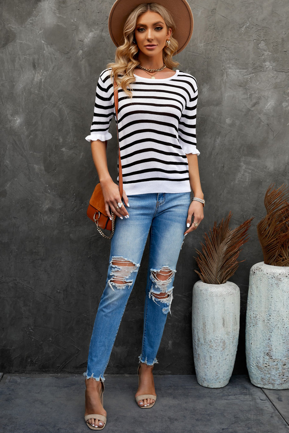 Striped Tie Back Flare Sleeve Knit Top  Shirts & Tops- Doll Fits