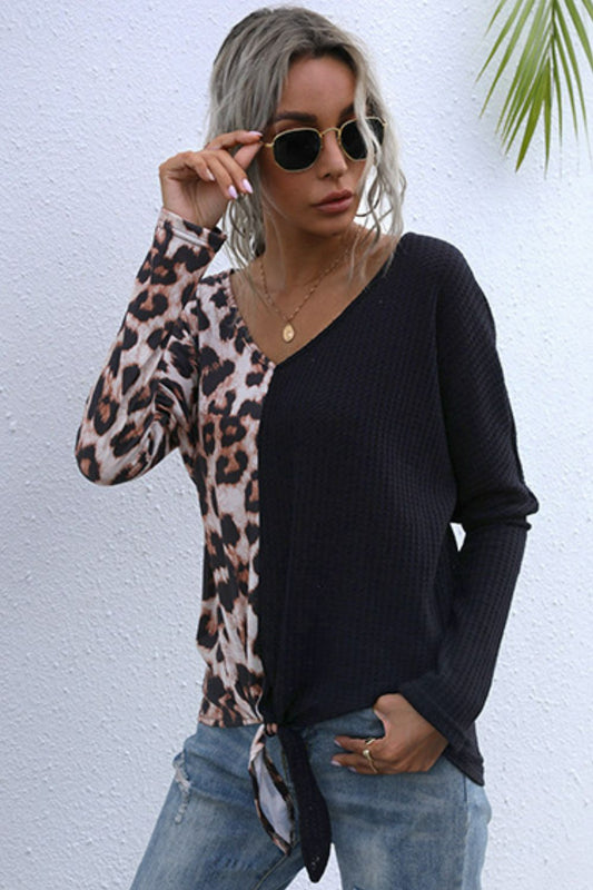Leopard V-Neck Tie Front Top  Shirts & Tops- Doll Fits