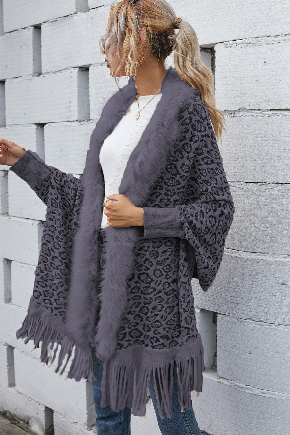 Leopard Fringe Detail Poncho  - Doll Fits